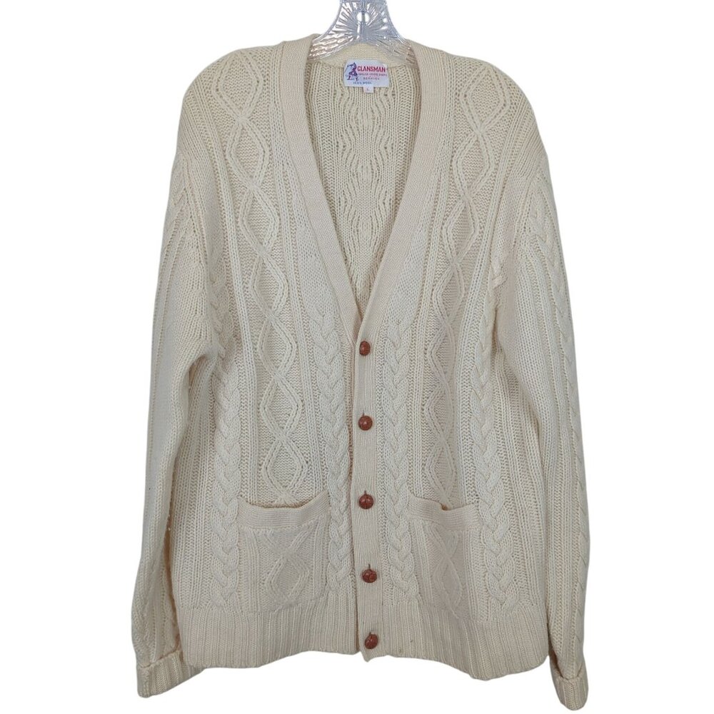 Vintage Clansman Cream Cardigan L English Sport Shops Bermuda Wool Cable Knit‎
